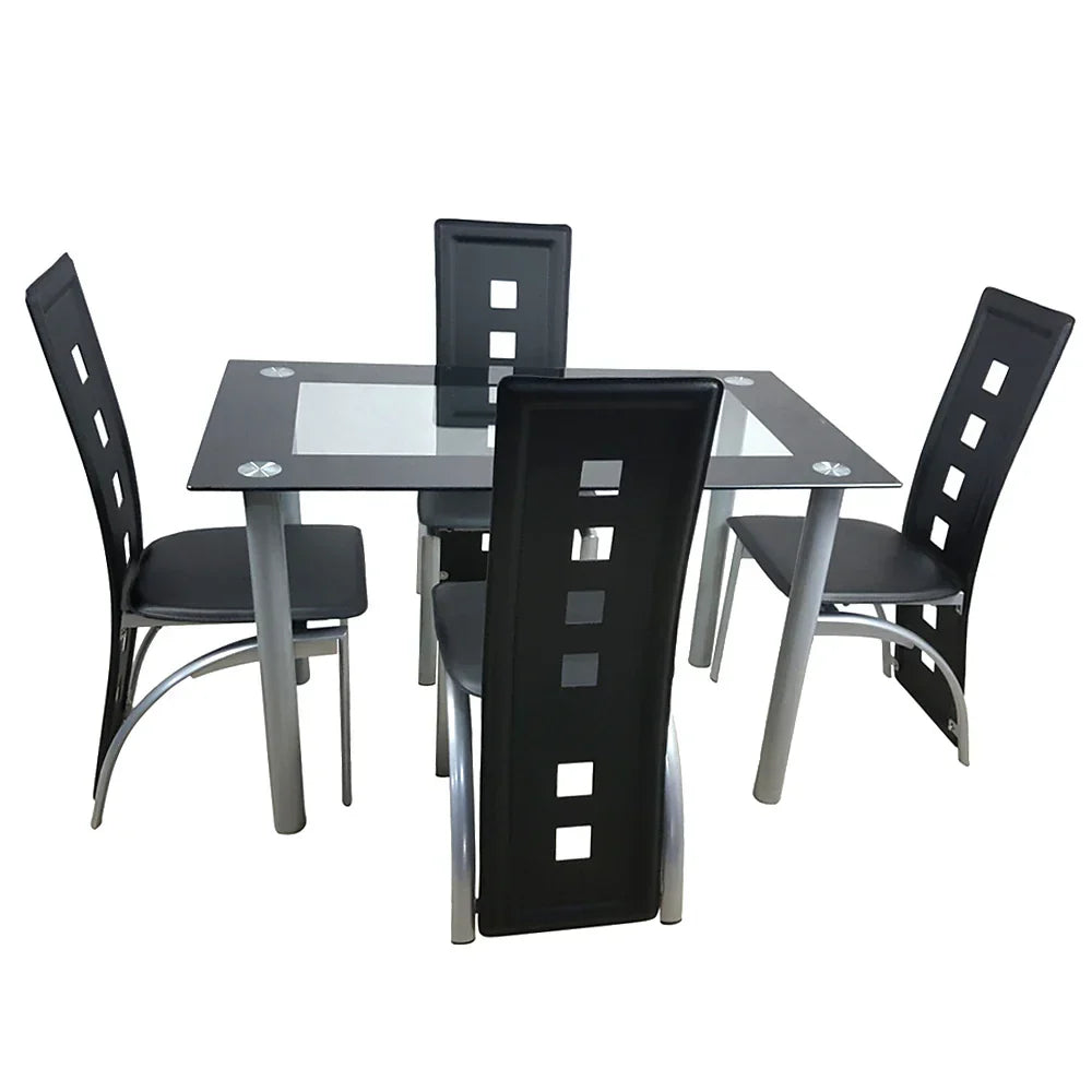 (Pack of 4) 110cm Dining Table Set Tempered Glass Dining Table with Chairs Transparent & Black Dining Table Dining Chair