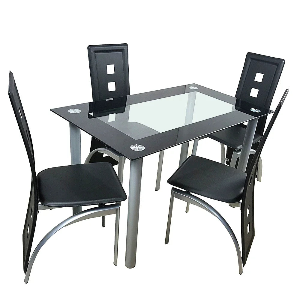 (Pack of 4) 110cm Dining Table Set Tempered Glass Dining Table with Chairs Transparent & Black Dining Table Dining Chair