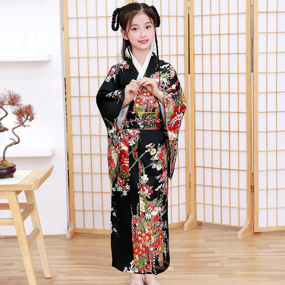 Children Girls Red Japanese Kimono Bathrobe Gown Print Flower Performance Clothing Yukata With Obitage Soft Cosplay Costume