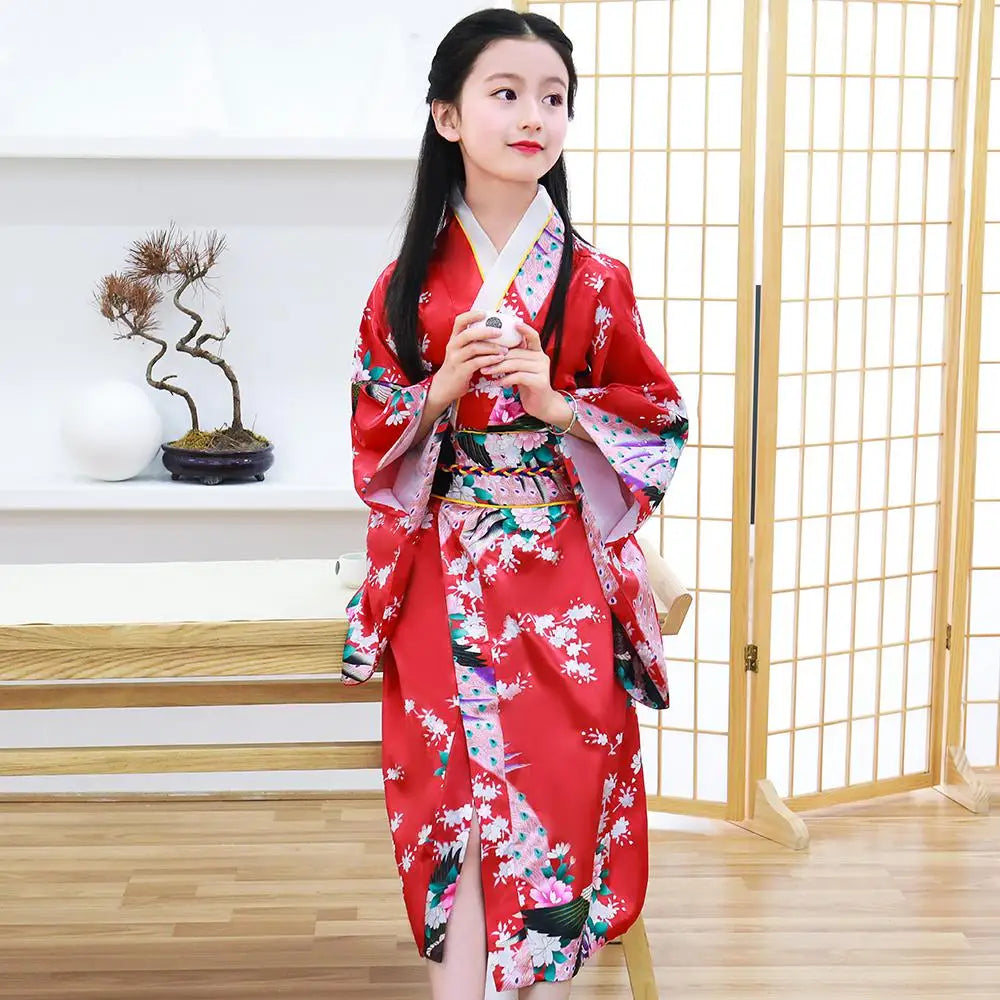 Children Girls Red Japanese Kimono Bathrobe Gown Print Flower Performance Clothing Yukata With Obitage Soft Cosplay Costume