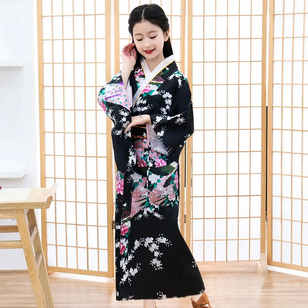 Children Girls Red Japanese Kimono Bathrobe Gown Print Flower Performance Clothing Yukata With Obitage Soft Cosplay Costume