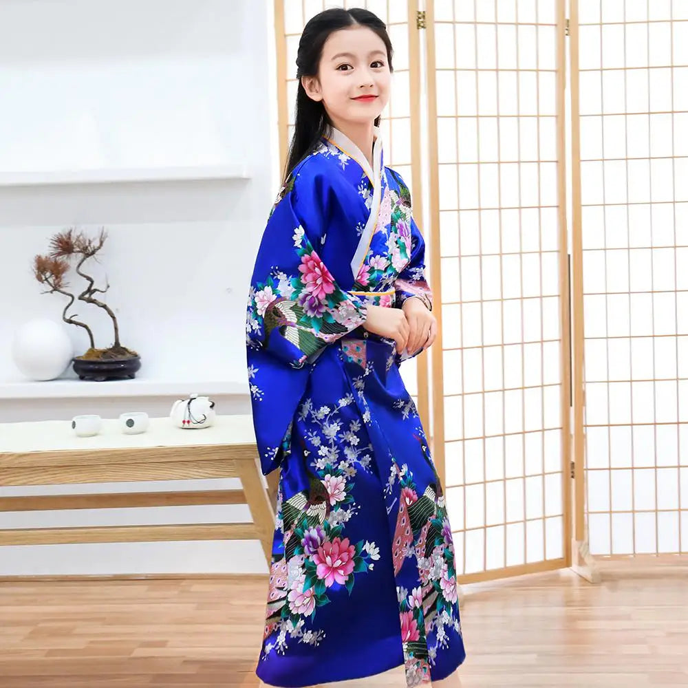 Children Girls Red Japanese Kimono Bathrobe Gown Print Flower Performance Clothing Yukata With Obitage Soft Cosplay Costume