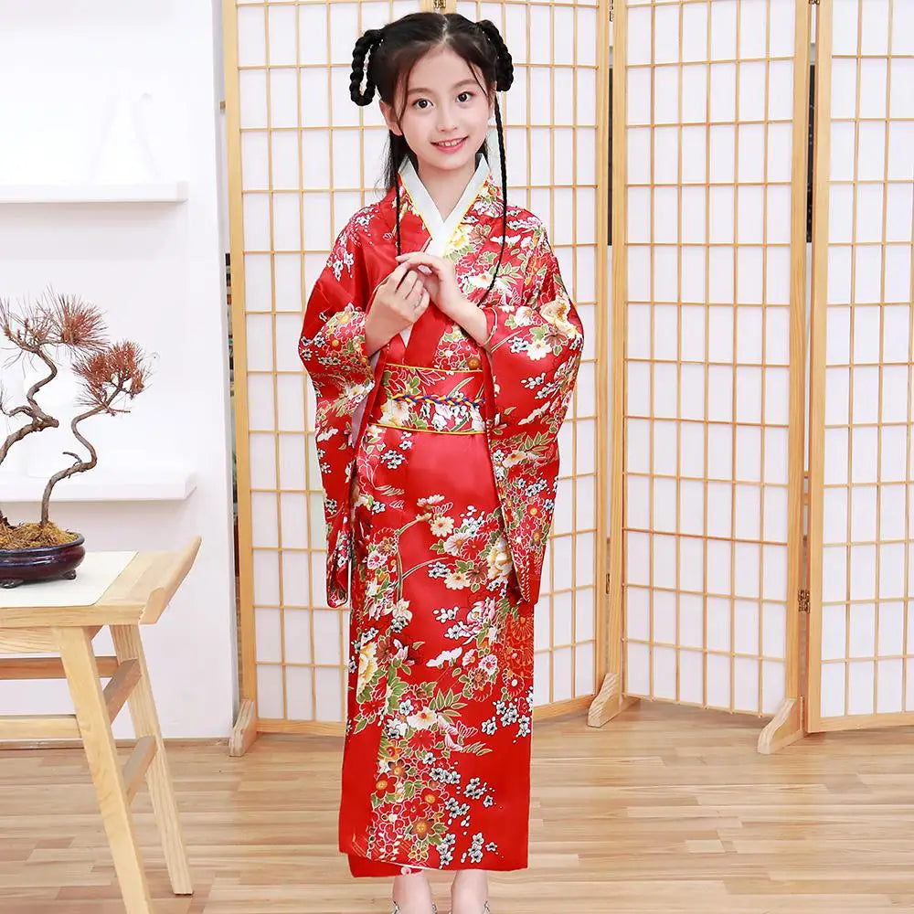 Children Girls Red Japanese Kimono Bathrobe Gown Print Flower Performance Clothing Yukata With Obitage Soft Cosplay Costume
