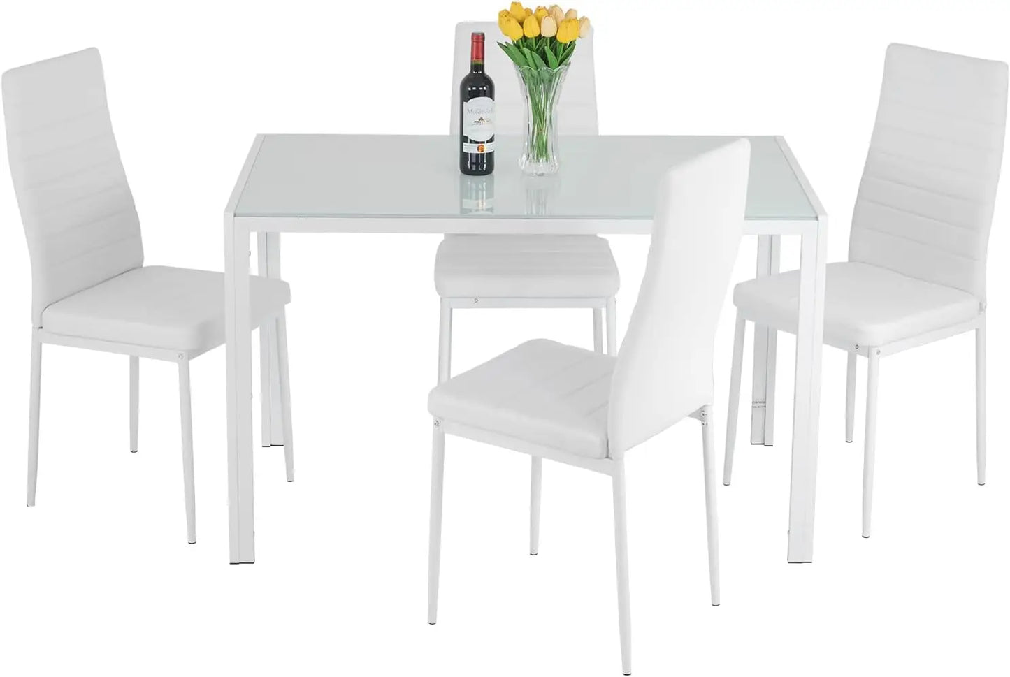 Dining Table and Chairs Set, Modern Rectangular Marble Table top with 4 Chairs PU Leather for Dining Room and Kitchen, Marble
