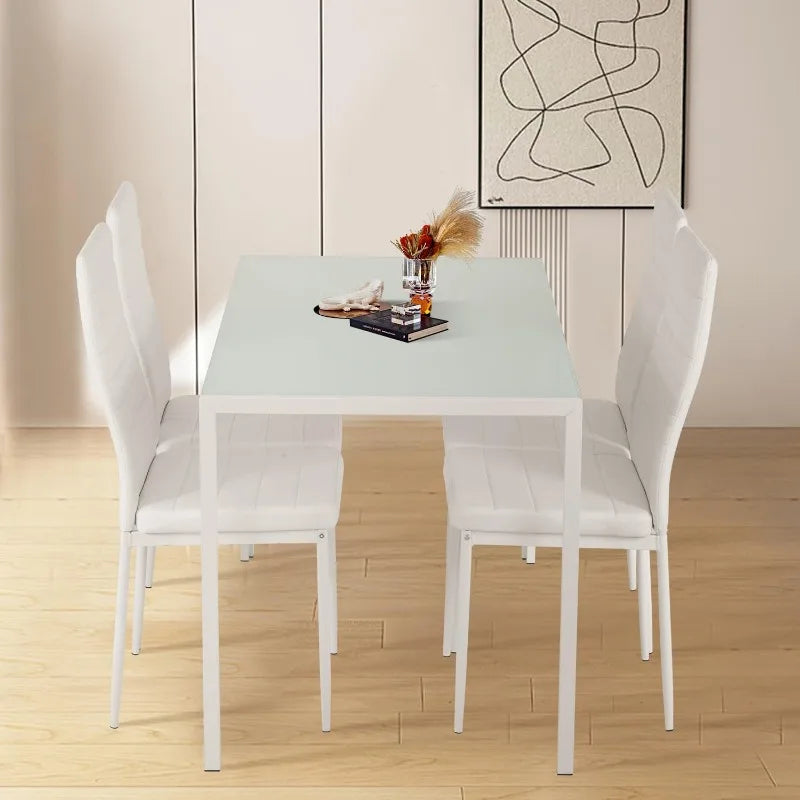 Dining Table and Chairs Set, Modern Rectangular Marble Table top with 4 Chairs PU Leather for Dining Room and Kitchen, Marble