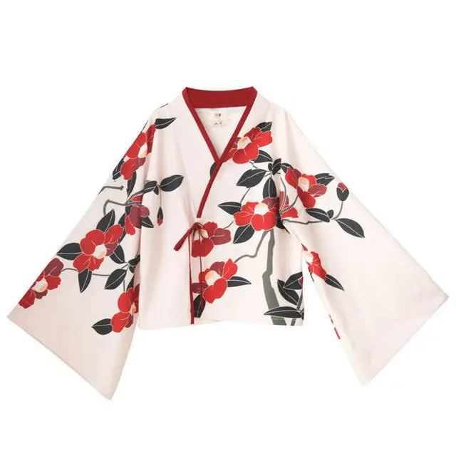 Kimono Sakura Girl Japanese Style Floral Print Vintage Dress Woman Oriental Camellia Love Costume Haori Yukata Asian Clothes