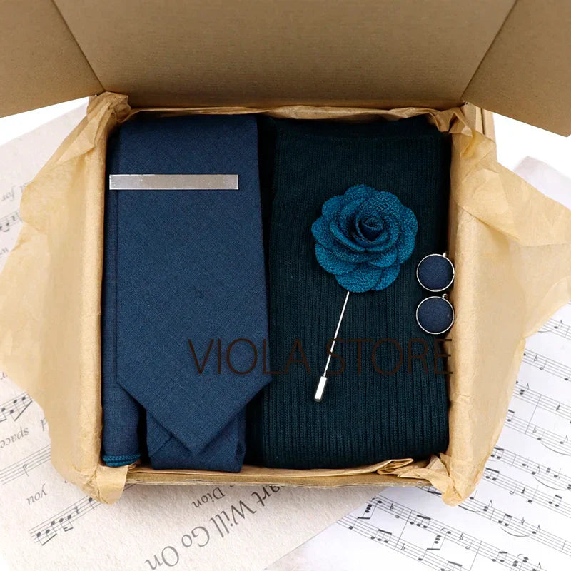 (Pack of 5) Viola Design Gift Box Solid Cotton Sock Tie Sets Clip Pin Cufflinks Hanky Colorful Men Wedding Party Daily Cravat Accessory