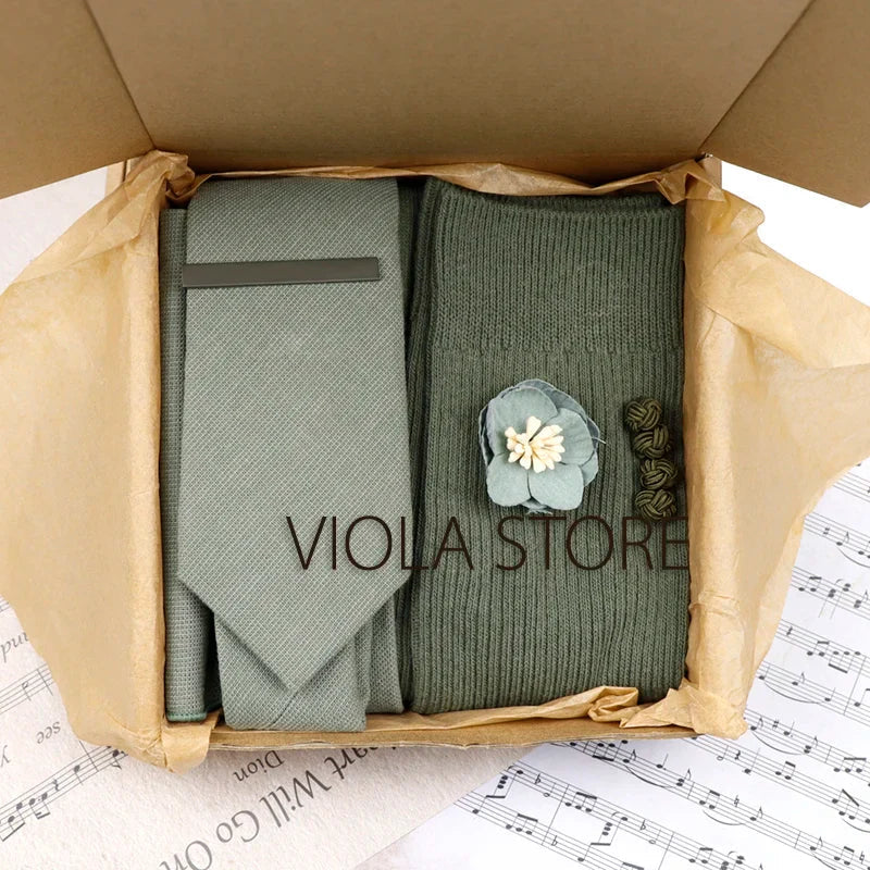 (Pack of 5) Viola Design Gift Box Solid Cotton Sock Tie Sets Clip Pin Cufflinks Hanky Colorful Men Wedding Party Daily Cravat Accessory