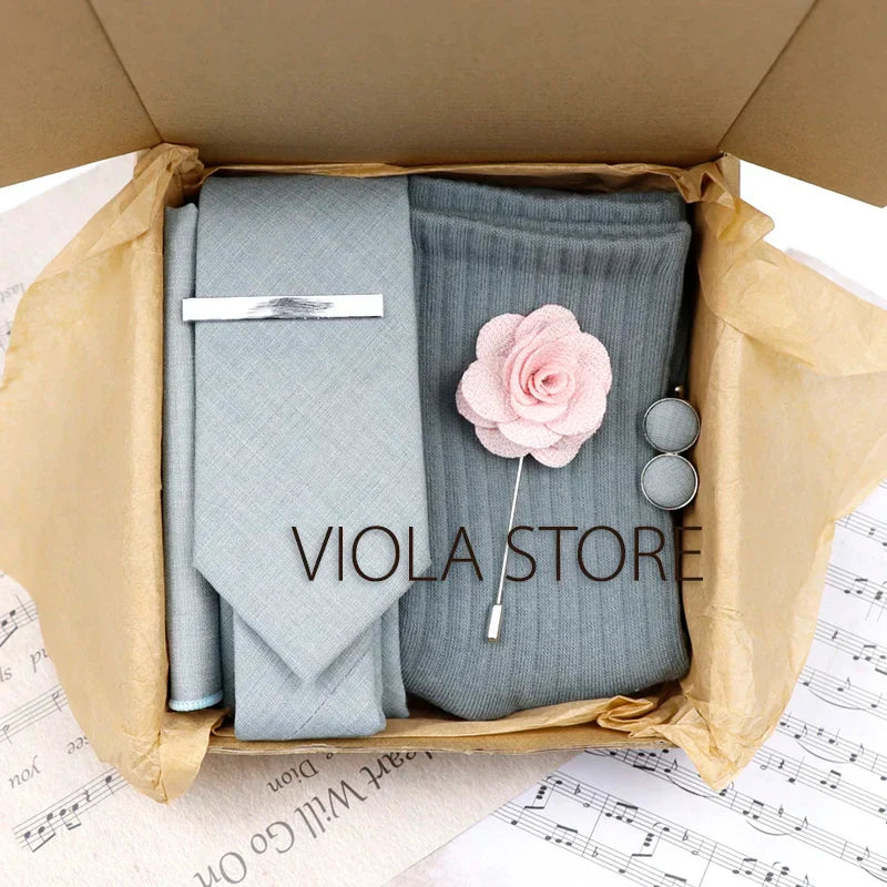 (Pack of 5) Viola Design Gift Box Solid Cotton Sock Tie Sets Clip Pin Cufflinks Hanky Colorful Men Wedding Party Daily Cravat Accessory