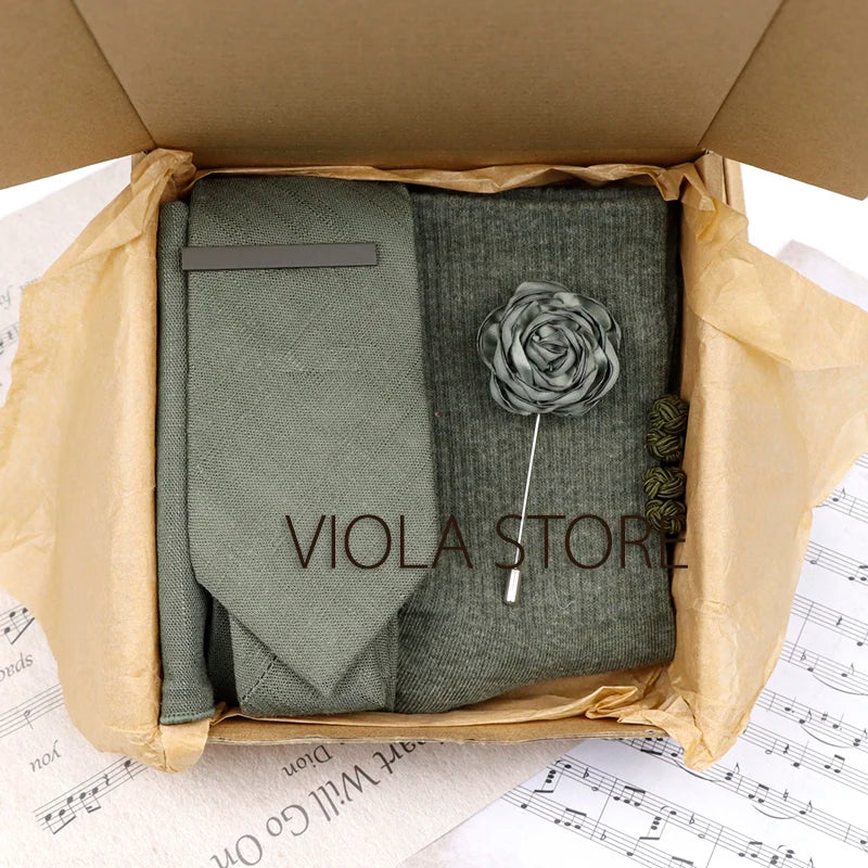(Pack of 5) Viola Design Gift Box Solid Cotton Sock Tie Sets Clip Pin Cufflinks Hanky Colorful Men Wedding Party Daily Cravat Accessory