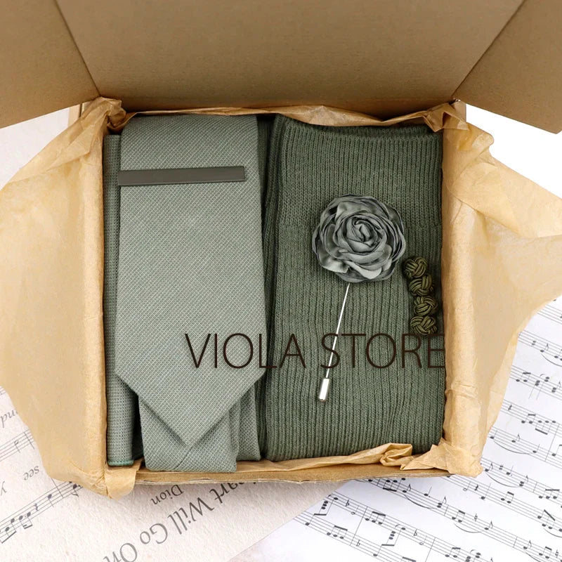 (Pack of 5) Viola Design Gift Box Solid Cotton Sock Tie Sets Clip Pin Cufflinks Hanky Colorful Men Wedding Party Daily Cravat Accessory
