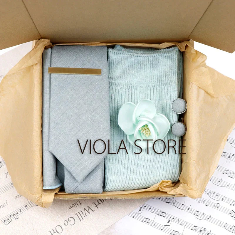 (Pack of 5) Viola Design Gift Box Solid Cotton Sock Tie Sets Clip Pin Cufflinks Hanky Colorful Men Wedding Party Daily Cravat Accessory