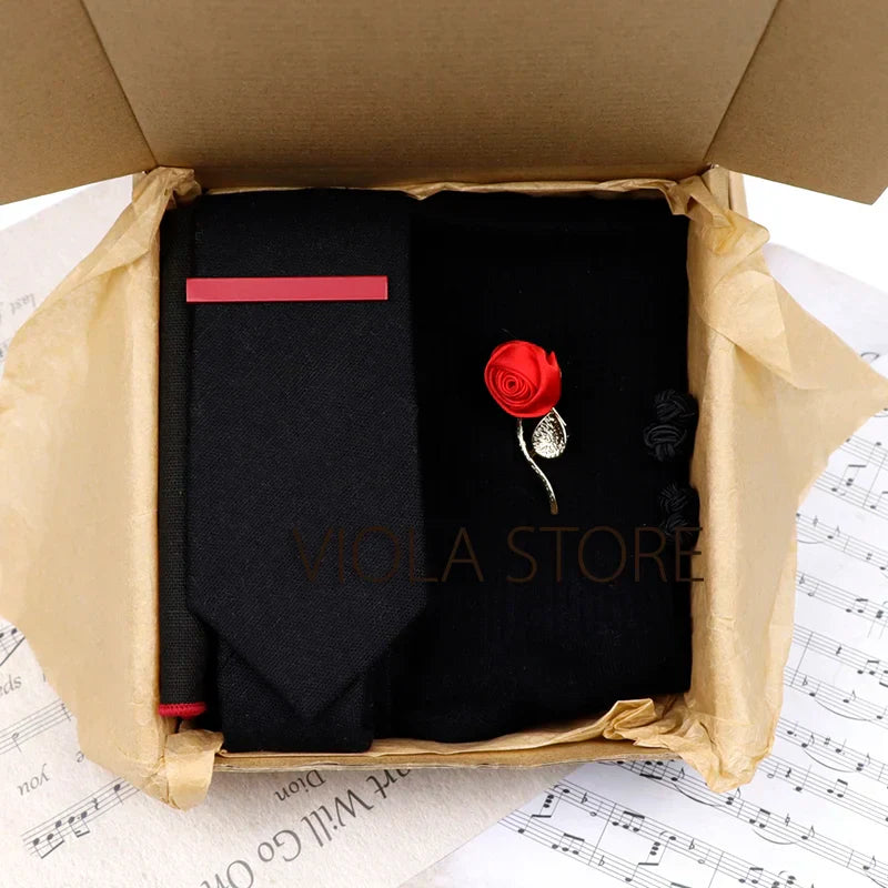(Pack of 5) Viola Design Gift Box Solid Cotton Sock Tie Sets Clip Pin Cufflinks Hanky Colorful Men Wedding Party Daily Cravat Accessory