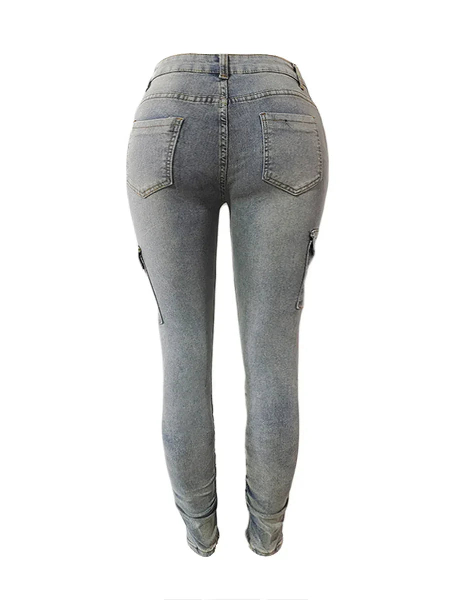 LW Plus Size High Waist Side Flap Pocket Cargo Jeans Women Zipper Ruched Design Jeans Causal Skinny Long Trouser