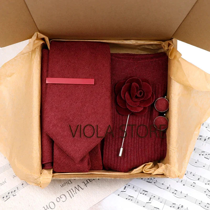 (Pack of 5) Viola Design Gift Box Solid Cotton Sock Tie Sets Clip Pin Cufflinks Hanky Colorful Men Wedding Party Daily Cravat Accessory