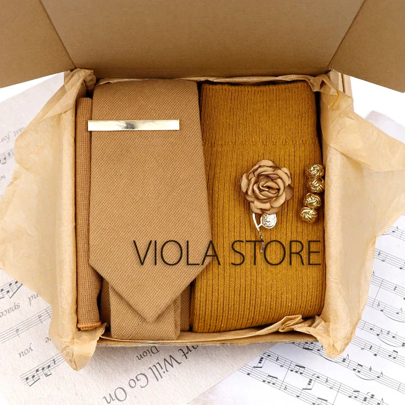 (Pack of 5) Viola Design Gift Box Solid Cotton Sock Tie Sets Clip Pin Cufflinks Hanky Colorful Men Wedding Party Daily Cravat Accessory