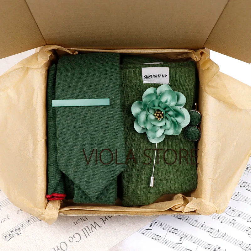 (Pack of 5) Viola Design Gift Box Solid Cotton Sock Tie Sets Clip Pin Cufflinks Hanky Colorful Men Wedding Party Daily Cravat Accessory