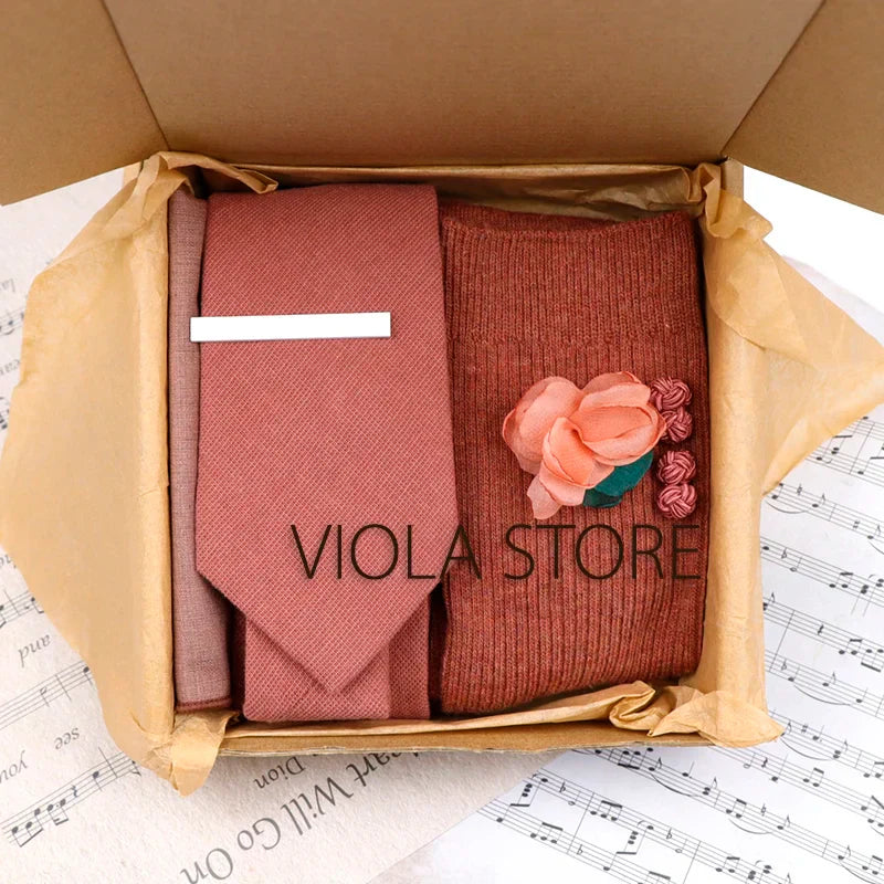 (Pack of 5) Viola Design Gift Box Solid Cotton Sock Tie Sets Clip Pin Cufflinks Hanky Colorful Men Wedding Party Daily Cravat Accessory