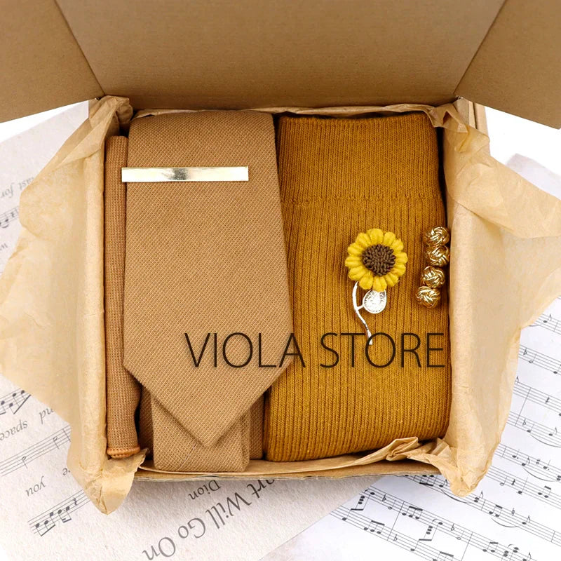 (Pack of 5) Viola Design Gift Box Solid Cotton Sock Tie Sets Clip Pin Cufflinks Hanky Colorful Men Wedding Party Daily Cravat Accessory