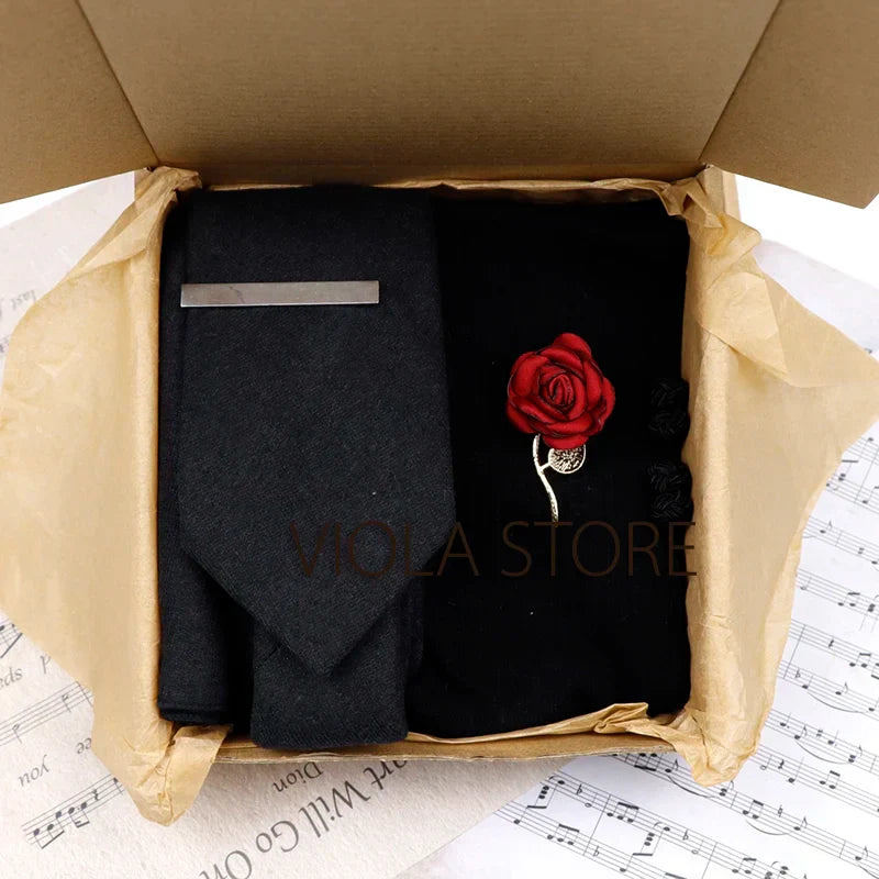 (Pack of 5) Viola Design Gift Box Solid Cotton Sock Tie Sets Clip Pin Cufflinks Hanky Colorful Men Wedding Party Daily Cravat Accessory