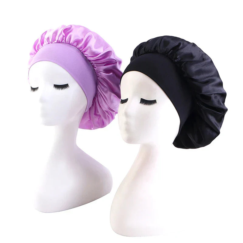 New 2 Pieces Silky Sleep Cap Women's Satin Bonnet Night Elastic Head Cover Hat Curly Hair Nightcap Night Hat Unisex Cap De Nuit