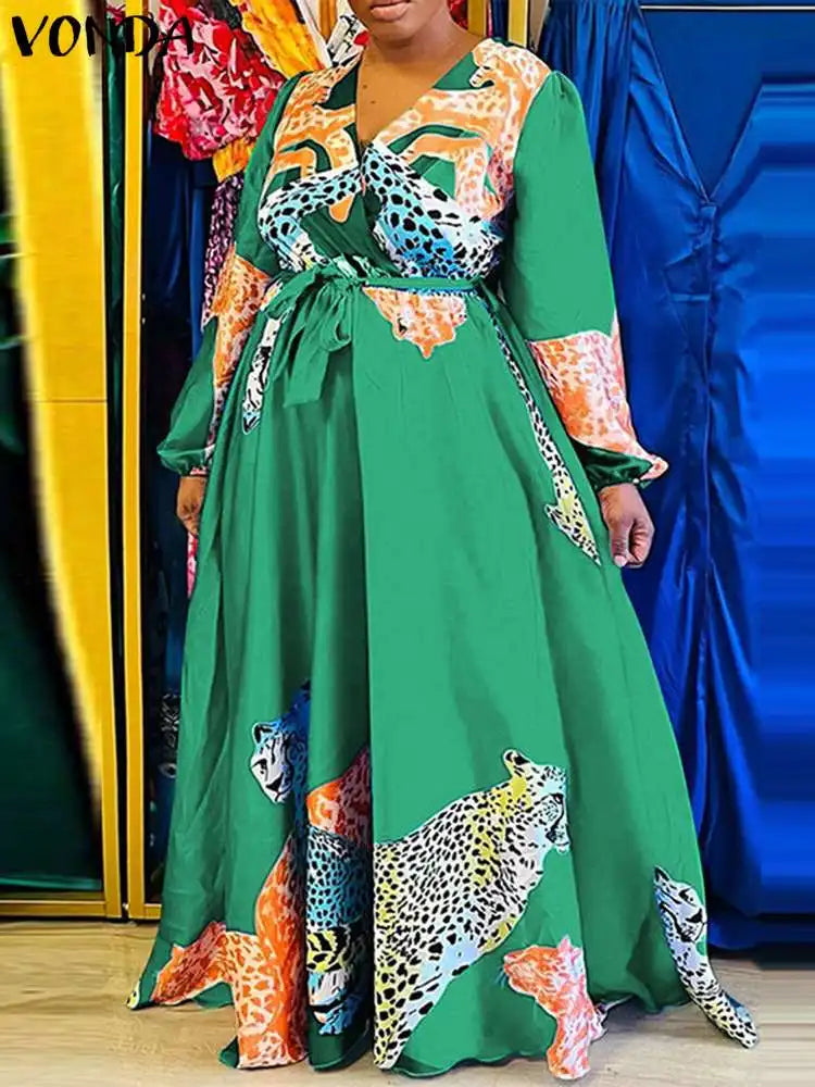 VONDA Plus Size Women Dress 2024 Autumn Vintage Printed V-Neck Casual Sundress Long Lantern Sleeve Belted Bohemian Robe