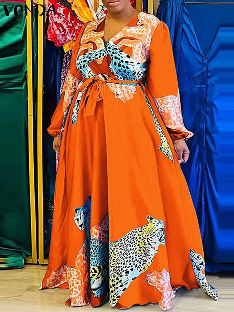 VONDA Plus Size Women Dress 2024 Autumn Vintage Printed V-Neck Casual Sundress Long Lantern Sleeve Belted Bohemian Robe