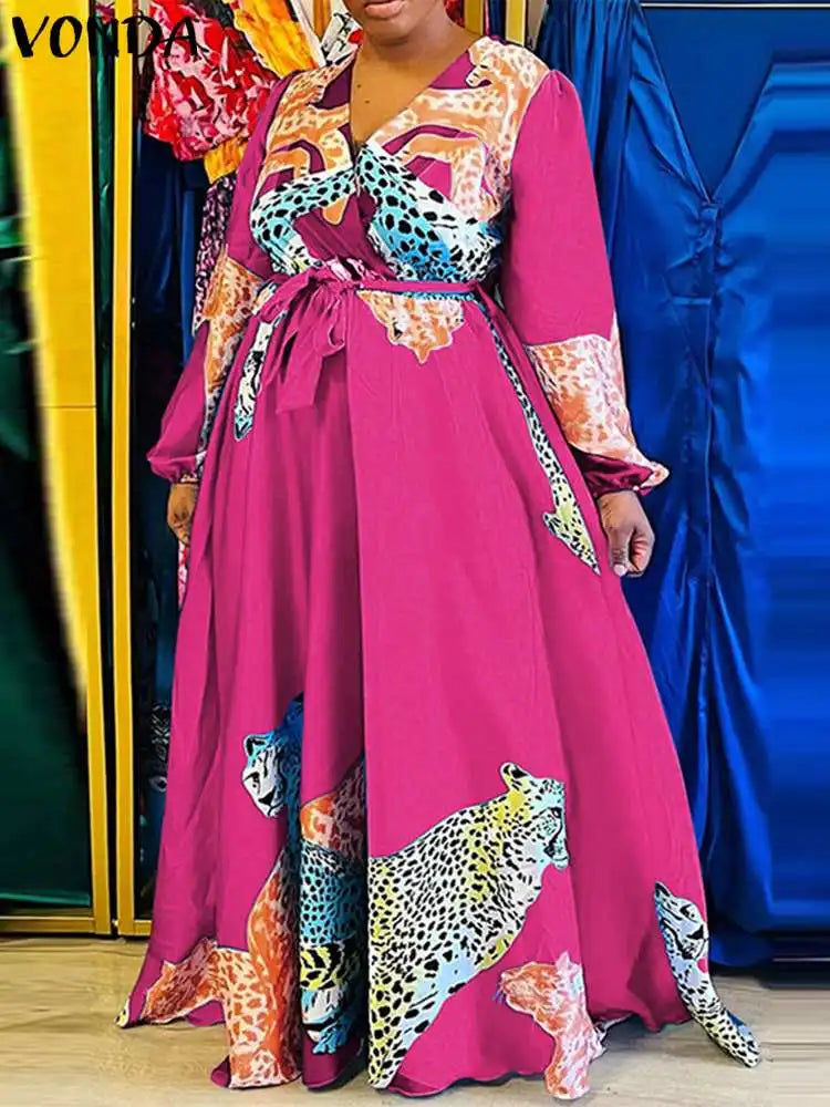 VONDA Plus Size Women Dress 2024 Autumn Vintage Printed V-Neck Casual Sundress Long Lantern Sleeve Belted Bohemian Robe