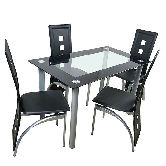 (Pack of 4) 110cm Dining Table Set Tempered Glass Dining Table with Chairs Transparent & Black Dining Table Dining Chair