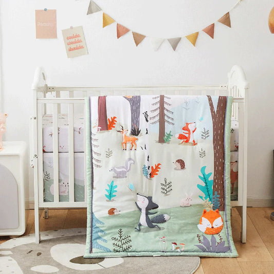 (Pack of 3) Microfiber Crib Bedding Set Forest And Animal Designs For Boys and Girls Baby Quilt Includes Quilt Crib Sheet, Crib Skirt