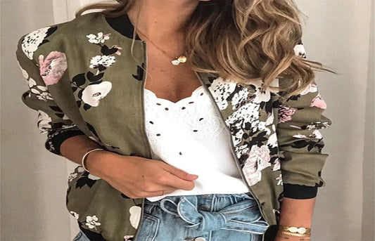 Casual Floral Printed Plus Size Bomber Jacket Autumn Elegant Zipper Coat Office Wear Slim Office Jackets Vintage Outwear 2023