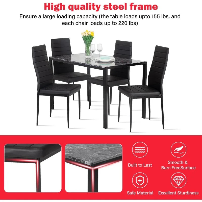 Dining Table and Chairs Set, Modern Rectangular Marble Table top with 4 Chairs PU Leather for Dining Room and Kitchen, Marble