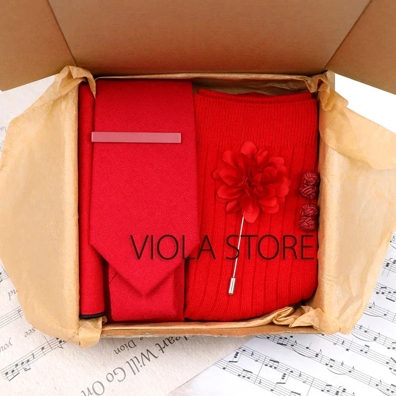 (Pack of 5) Viola Design Gift Box Solid Cotton Sock Tie Sets Clip Pin Cufflinks Hanky Colorful Men Wedding Party Daily Cravat Accessory