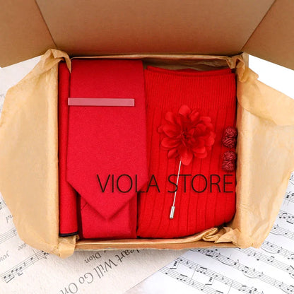 (Pack of 5) Viola Design Gift Box Solid Cotton Sock Tie Sets Clip Pin Cufflinks Hanky Colorful Men Wedding Party Daily Cravat Accessory