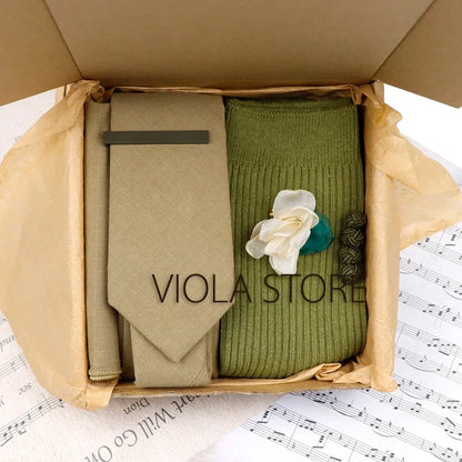 (Pack of 5) Viola Design Gift Box Solid Cotton Sock Tie Sets Clip Pin Cufflinks Hanky Colorful Men Wedding Party Daily Cravat Accessory