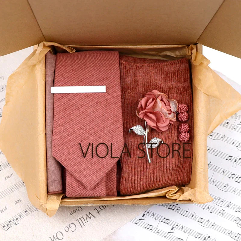 (Pack of 5) Viola Design Gift Box Solid Cotton Sock Tie Sets Clip Pin Cufflinks Hanky Colorful Men Wedding Party Daily Cravat Accessory