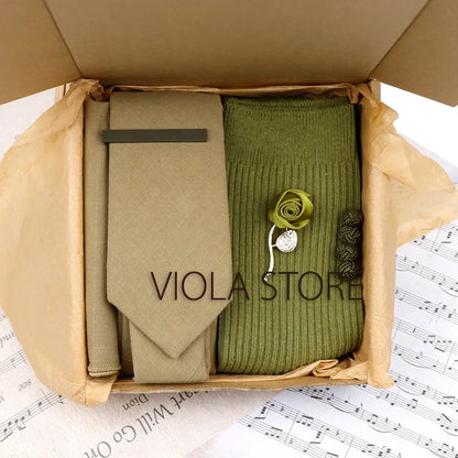(Pack of 5) Viola Design Gift Box Solid Cotton Sock Tie Sets Clip Pin Cufflinks Hanky Colorful Men Wedding Party Daily Cravat Accessory