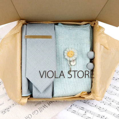 (Pack of 5) Viola Design Gift Box Solid Cotton Sock Tie Sets Clip Pin Cufflinks Hanky Colorful Men Wedding Party Daily Cravat Accessory