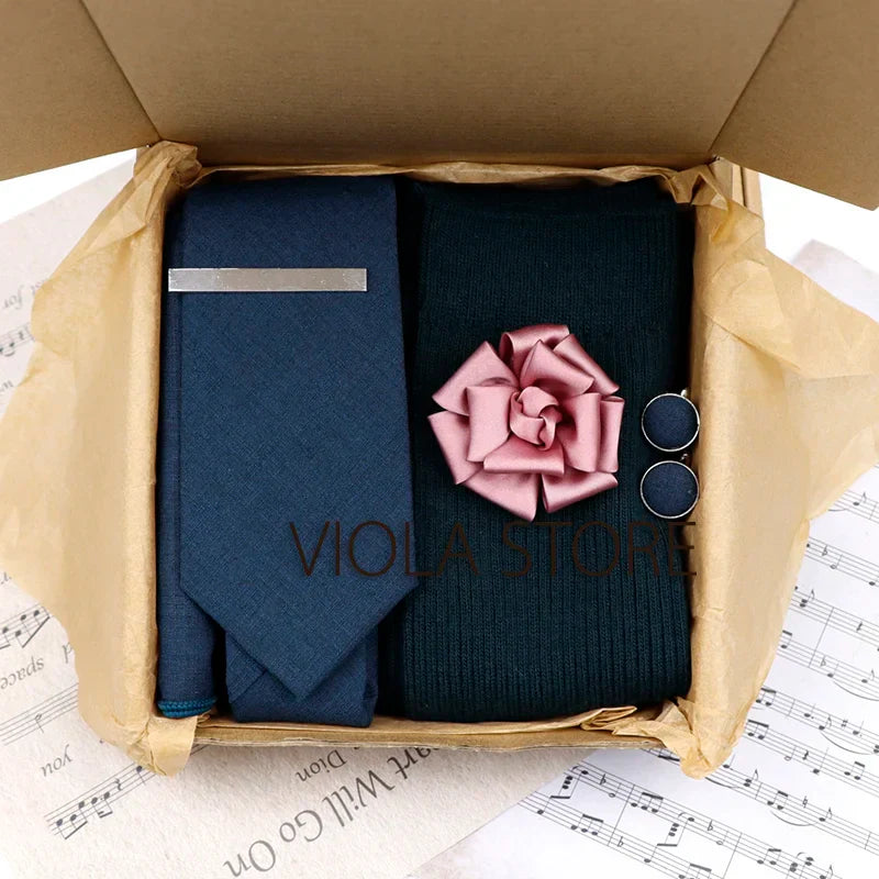 (Pack of 5) Viola Design Gift Box Solid Cotton Sock Tie Sets Clip Pin Cufflinks Hanky Colorful Men Wedding Party Daily Cravat Accessory