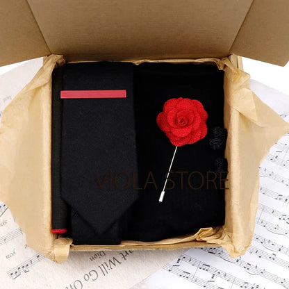 (Pack of 5) Viola Design Gift Box Solid Cotton Sock Tie Sets Clip Pin Cufflinks Hanky Colorful Men Wedding Party Daily Cravat Accessory