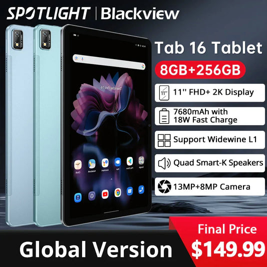 【World Premiere】Blackview Tab 16 Tablet Android 8GB+256GB 11''2k FHD+ Display 7680 mAh Battery Widevine L1 Unisoc T616 Tablet PC
