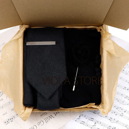 (Pack of 5) Viola Design Gift Box Solid Cotton Sock Tie Sets Clip Pin Cufflinks Hanky Colorful Men Wedding Party Daily Cravat Accessory