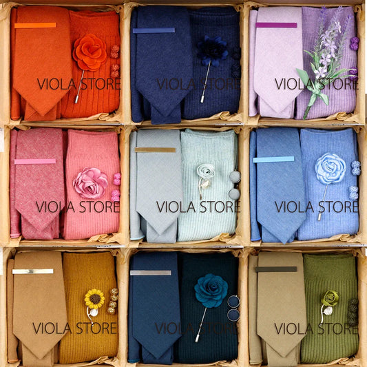 (Pack of 5) Viola Design Gift Box Solid Cotton Sock Tie Sets Clip Pin Cufflinks Hanky Colorful Men Wedding Party Daily Cravat Accessory