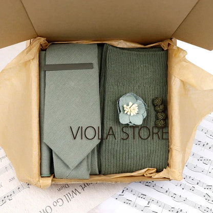 (Pack of 5) Viola Design Gift Box Solid Cotton Sock Tie Sets Clip Pin Cufflinks Hanky Colorful Men Wedding Party Daily Cravat Accessory