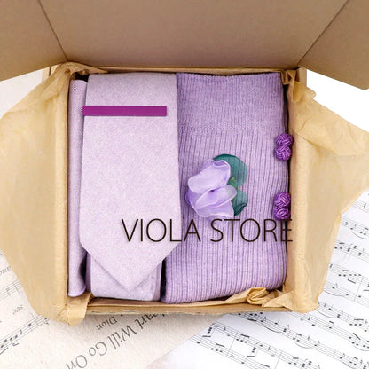 (Pack of 5) Viola Design Gift Box Solid Cotton Sock Tie Sets Clip Pin Cufflinks Hanky Colorful Men Wedding Party Daily Cravat Accessory
