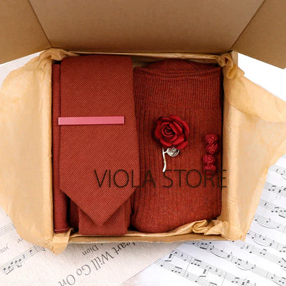 (Pack of 5) Viola Design Gift Box Solid Cotton Sock Tie Sets Clip Pin Cufflinks Hanky Colorful Men Wedding Party Daily Cravat Accessory