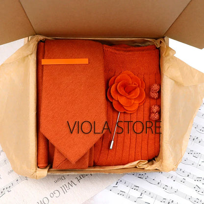 (Pack of 5) Viola Design Gift Box Solid Cotton Sock Tie Sets Clip Pin Cufflinks Hanky Colorful Men Wedding Party Daily Cravat Accessory
