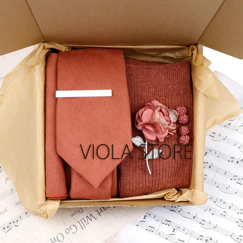 (Pack of 5) Viola Design Gift Box Solid Cotton Sock Tie Sets Clip Pin Cufflinks Hanky Colorful Men Wedding Party Daily Cravat Accessory