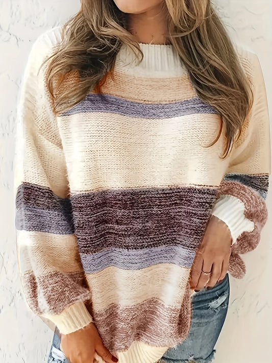 2023 New Plus Size Casual Sweater, Women's Colorblock Long Sleeve Round Neck High Stretch Jumper