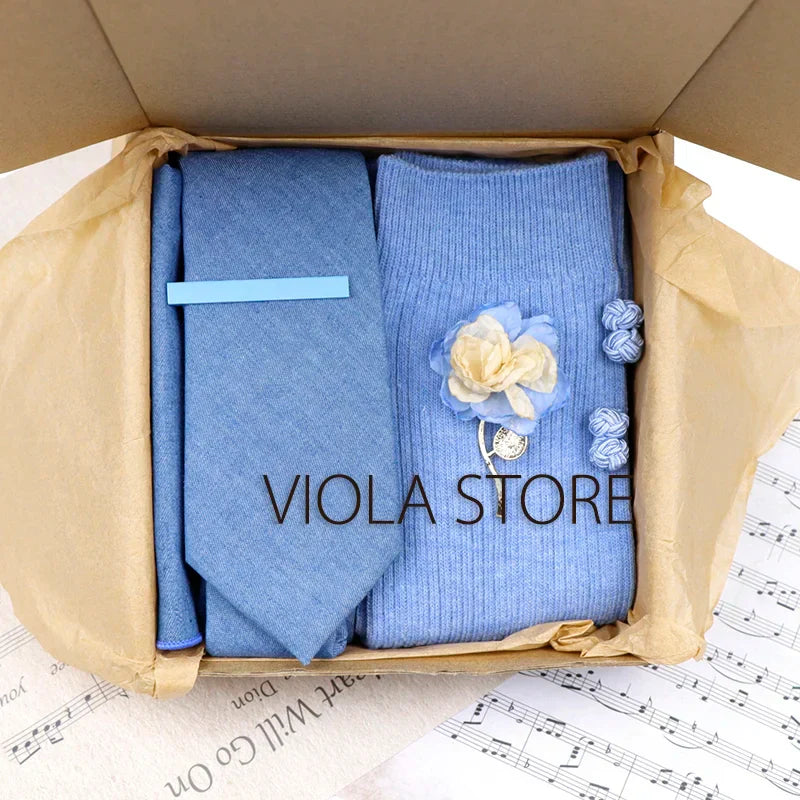 (Pack of 5) Viola Design Gift Box Solid Cotton Sock Tie Sets Clip Pin Cufflinks Hanky Colorful Men Wedding Party Daily Cravat Accessory